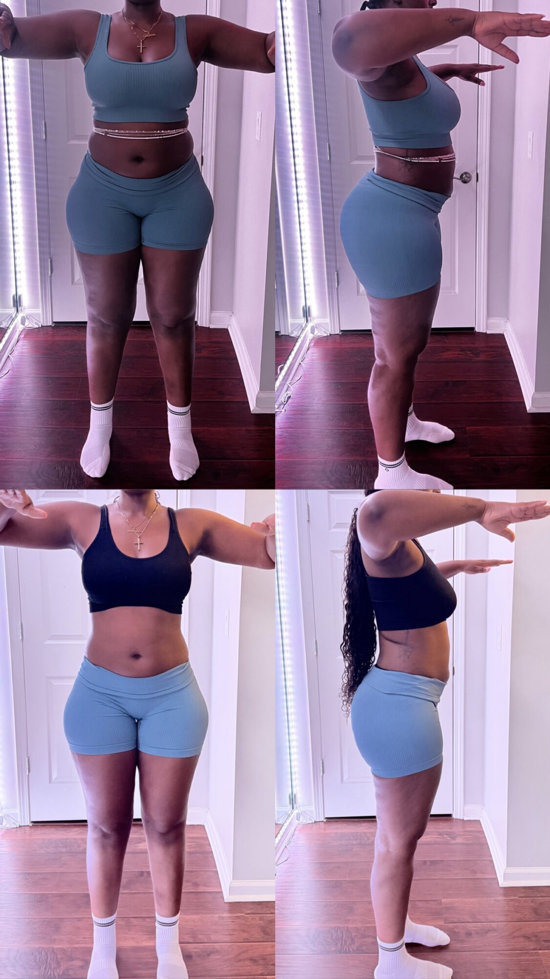 Four images of a woman in workout clothes showing front and side views, arms extended, in a room with purple lighting and wooden floor.