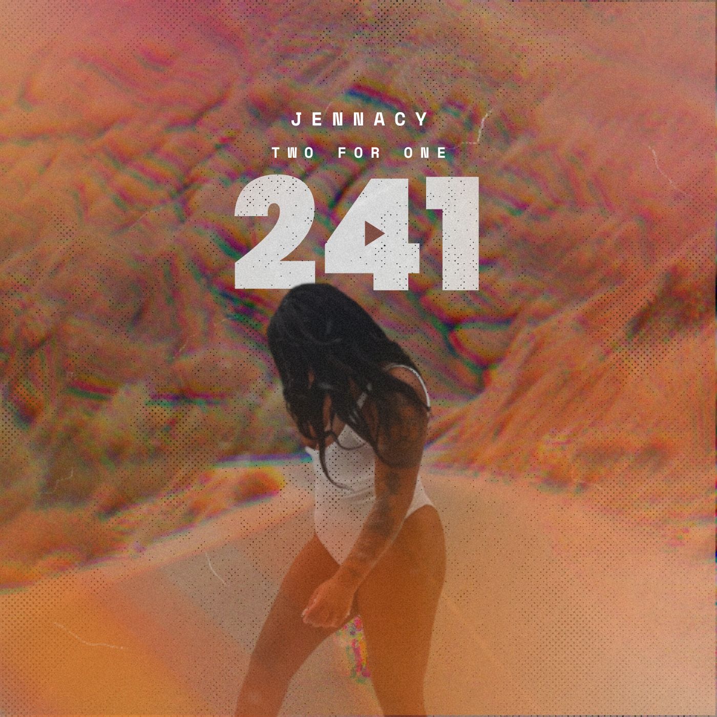 A woman with long hair stands on a desert landscape with orange and pink hues, looking down, with text overlay reading 'JENMACY TWO FOR ONE 241'.