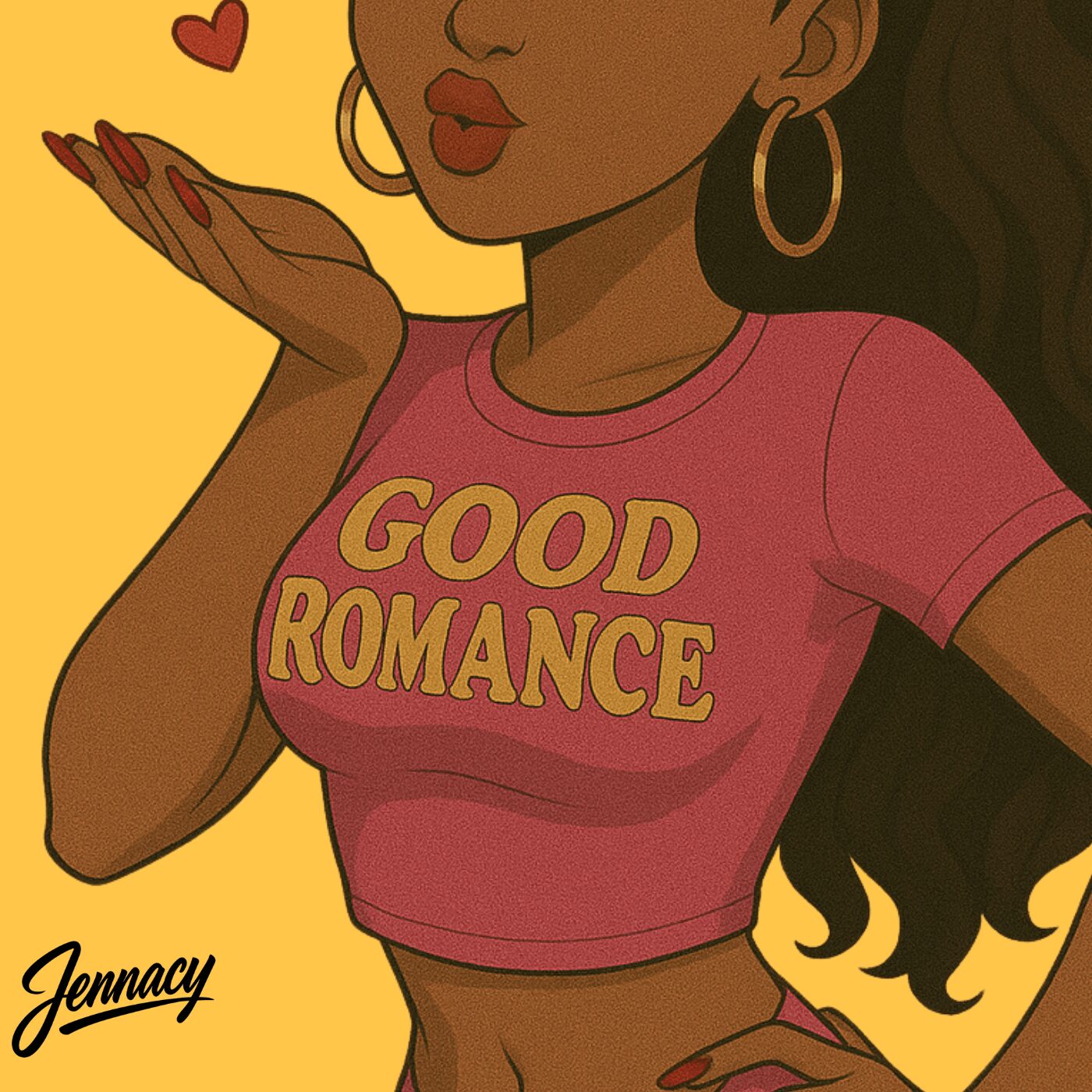 Illustration of a woman with long dark hair, wearing a pink crop top with 'Good Romance' text, holding a small heart, with a yellow background.