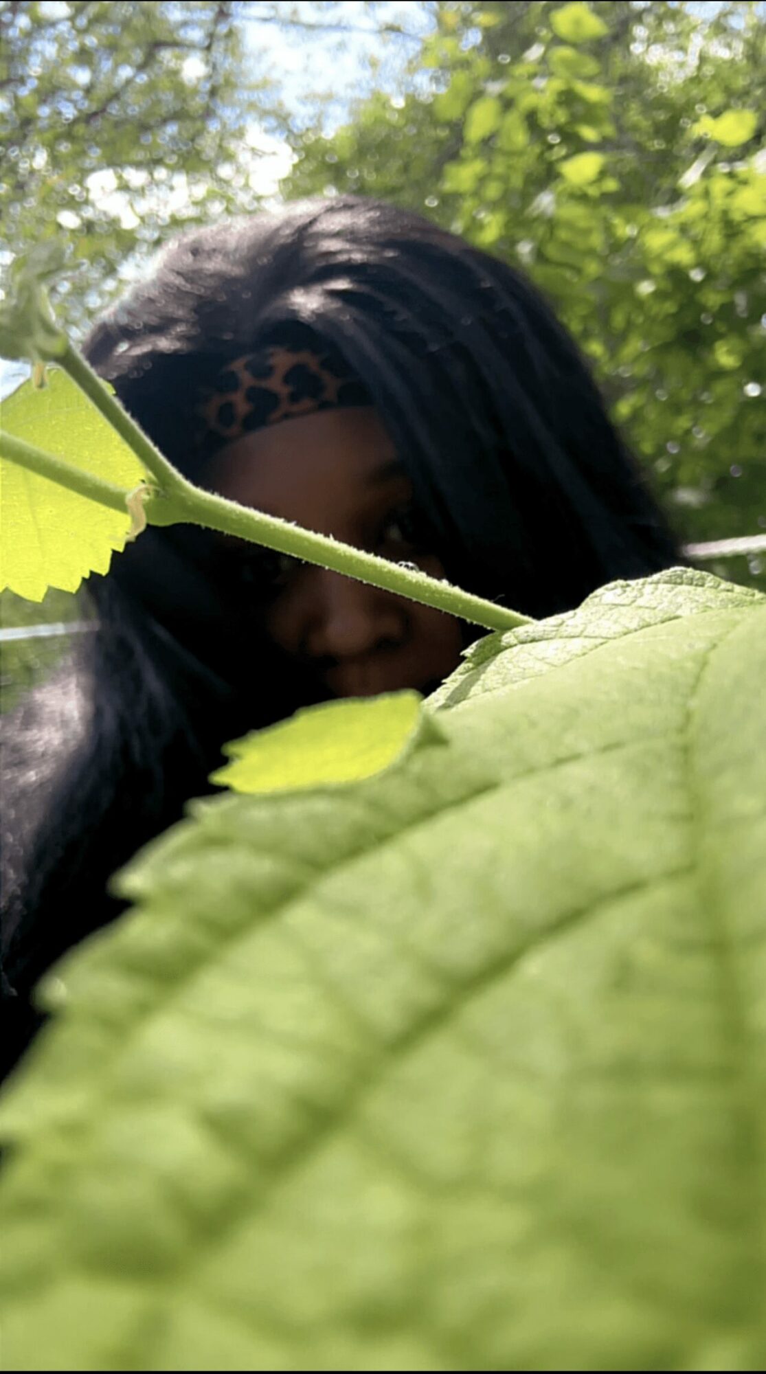 Person with dark hair and a leopard print headband partially obscured by large green leaves outdoors.