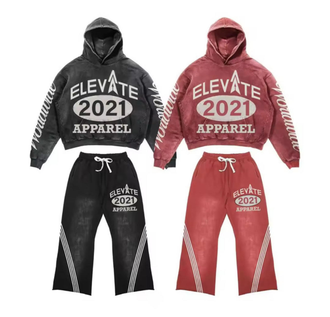 Two hooded sweatshirts and matching shorts, one black and one red, with white text and design elements, displayed side by side.