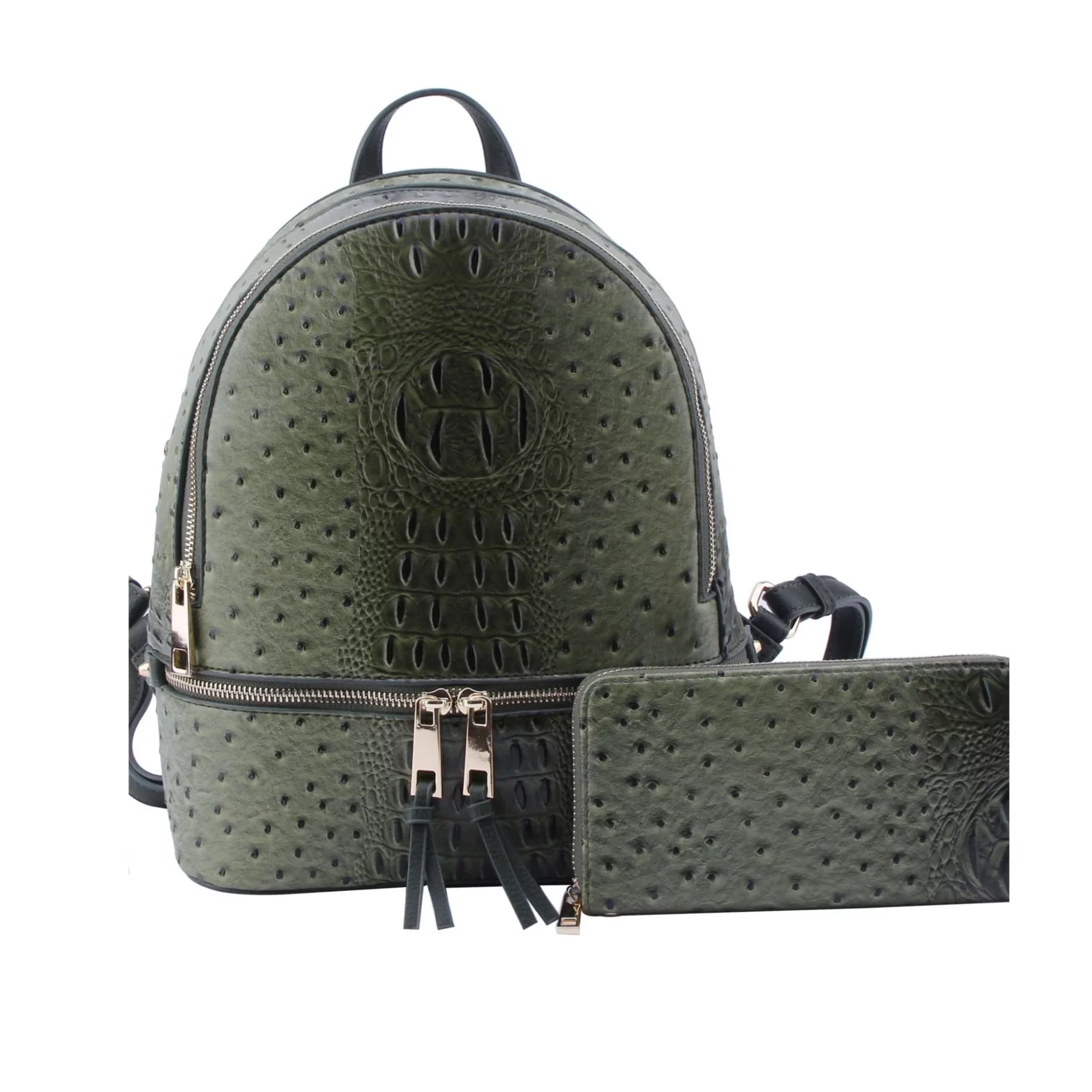 Green backpack with a matching wallet, both with textured, perforated surfaces and gold zippers, against a white background.