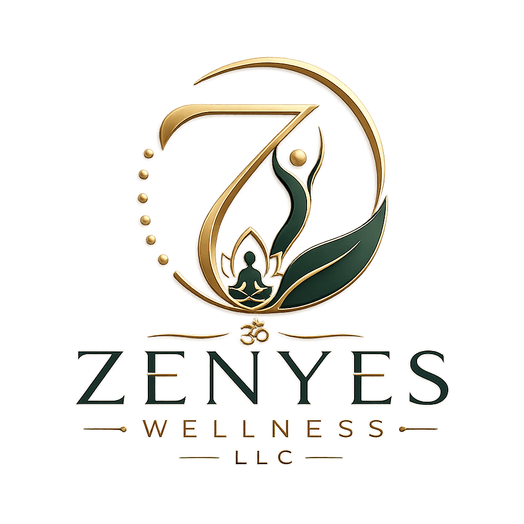 Logo with a stylized number 7, a person, a lotus flower, and text 'ZENYES WELLNESS LLC' on a black background.