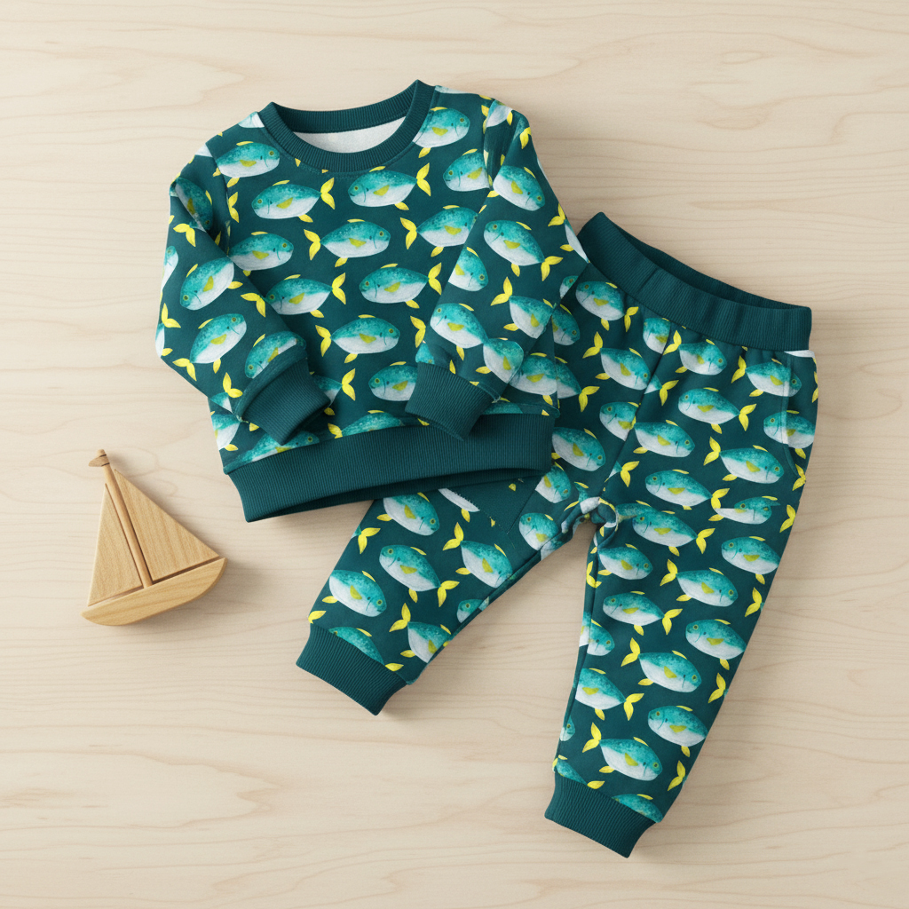 Children's matching sweatshirt and pants with a fish pattern, laid on a light wooden surface, with a small wooden sailboat toy.