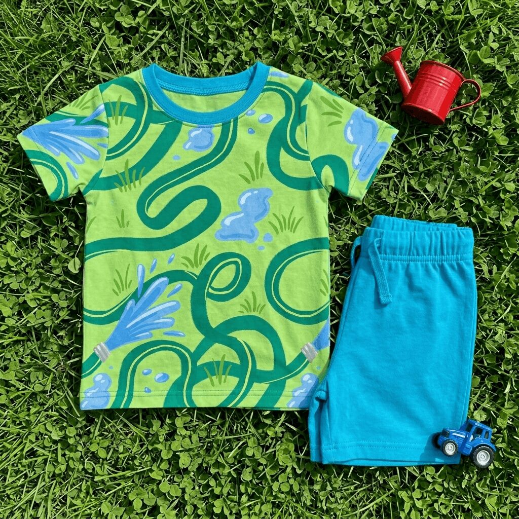 Children's green and blue patterned t-shirt with blue shorts and toy watering can and truck on grass.