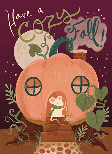 Pumpkin with windows, surrounded by vines and leaves, with a mouse in front, moon and stars, and fall message.