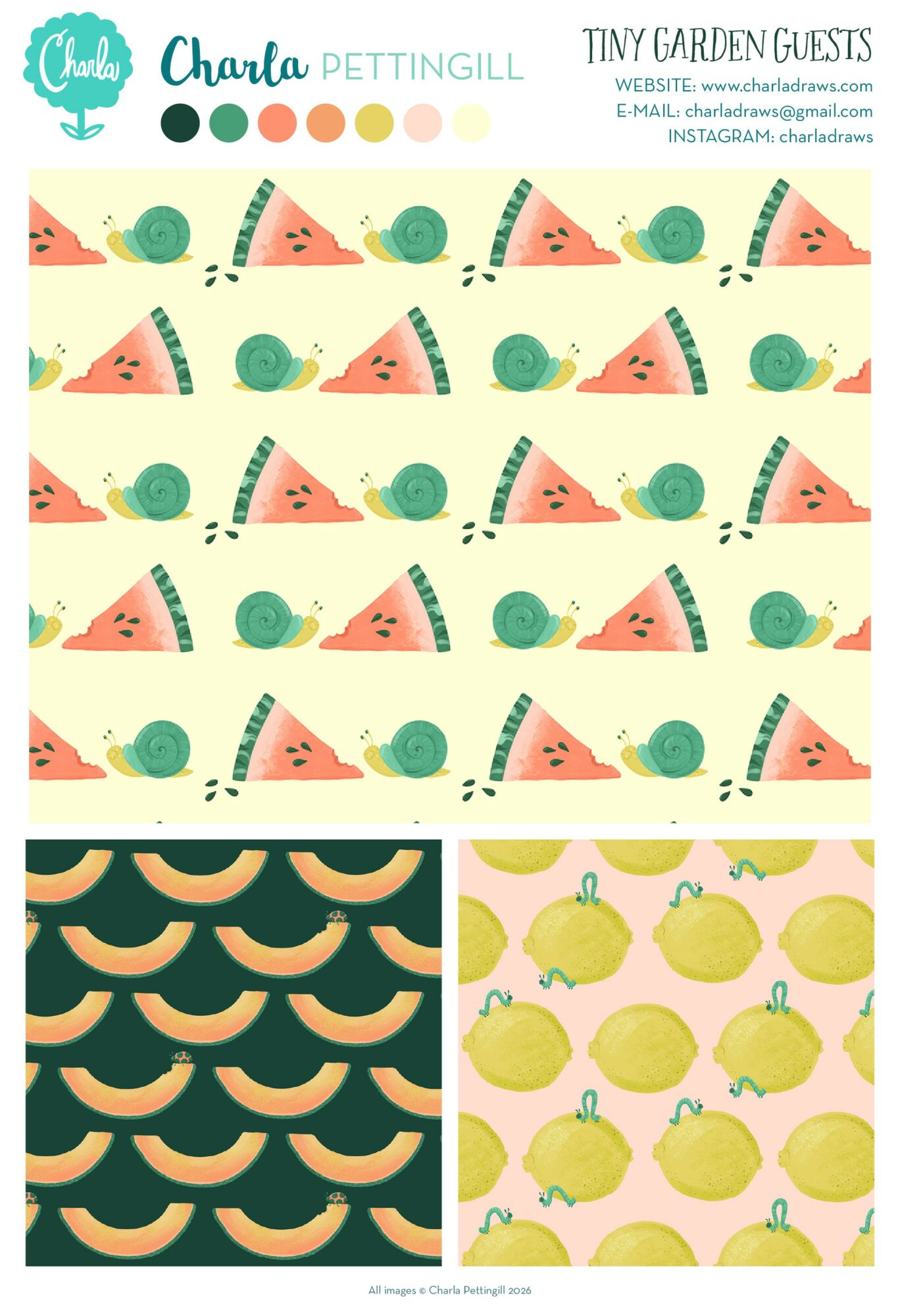 Pattern with watermelon slices, green circles, and yellow shapes, plus two smaller patterns of black and yellow shapes and yellow lemons.