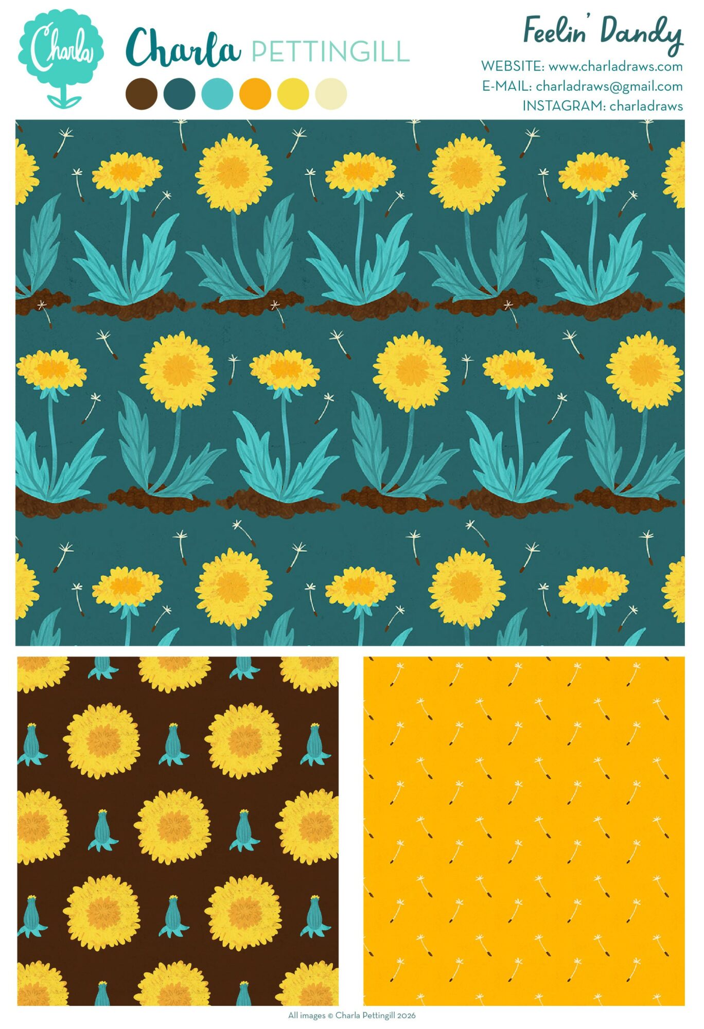Pattern with yellow sunflowers, teal leaves, and dark background; another with sunflowers on black, and a yellow background with small dots.