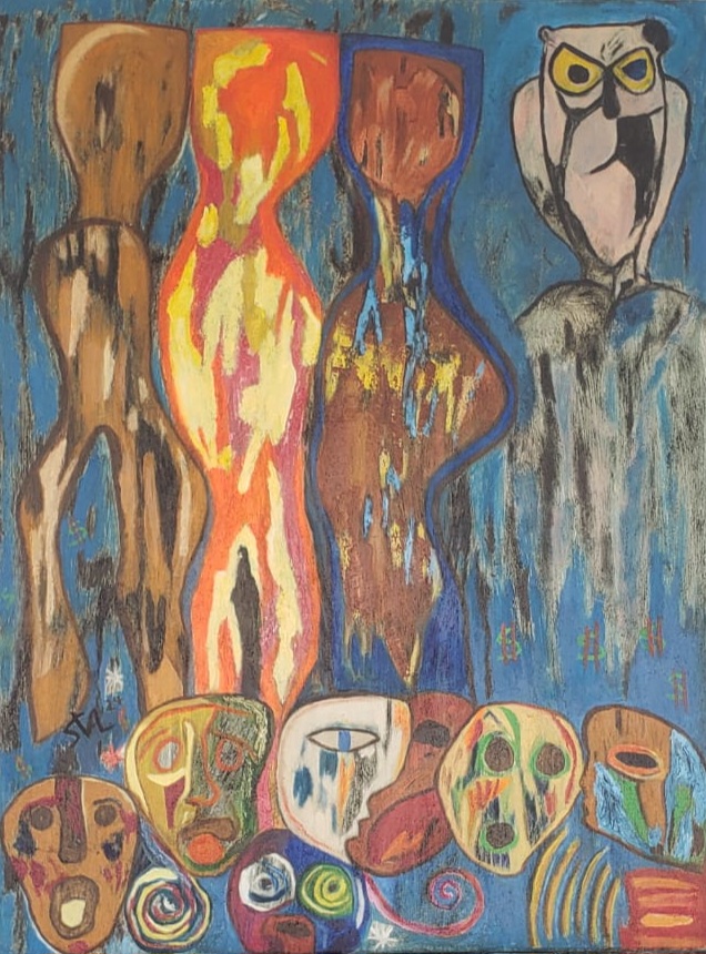 Abstract painting with colorful figures and masks, featuring a blue background and various shapes and patterns.