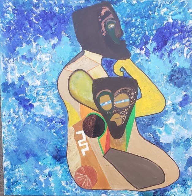 Abstract painting of two figures with dark faces and colorful backgrounds, one holding the other's head, against a blue textured background.