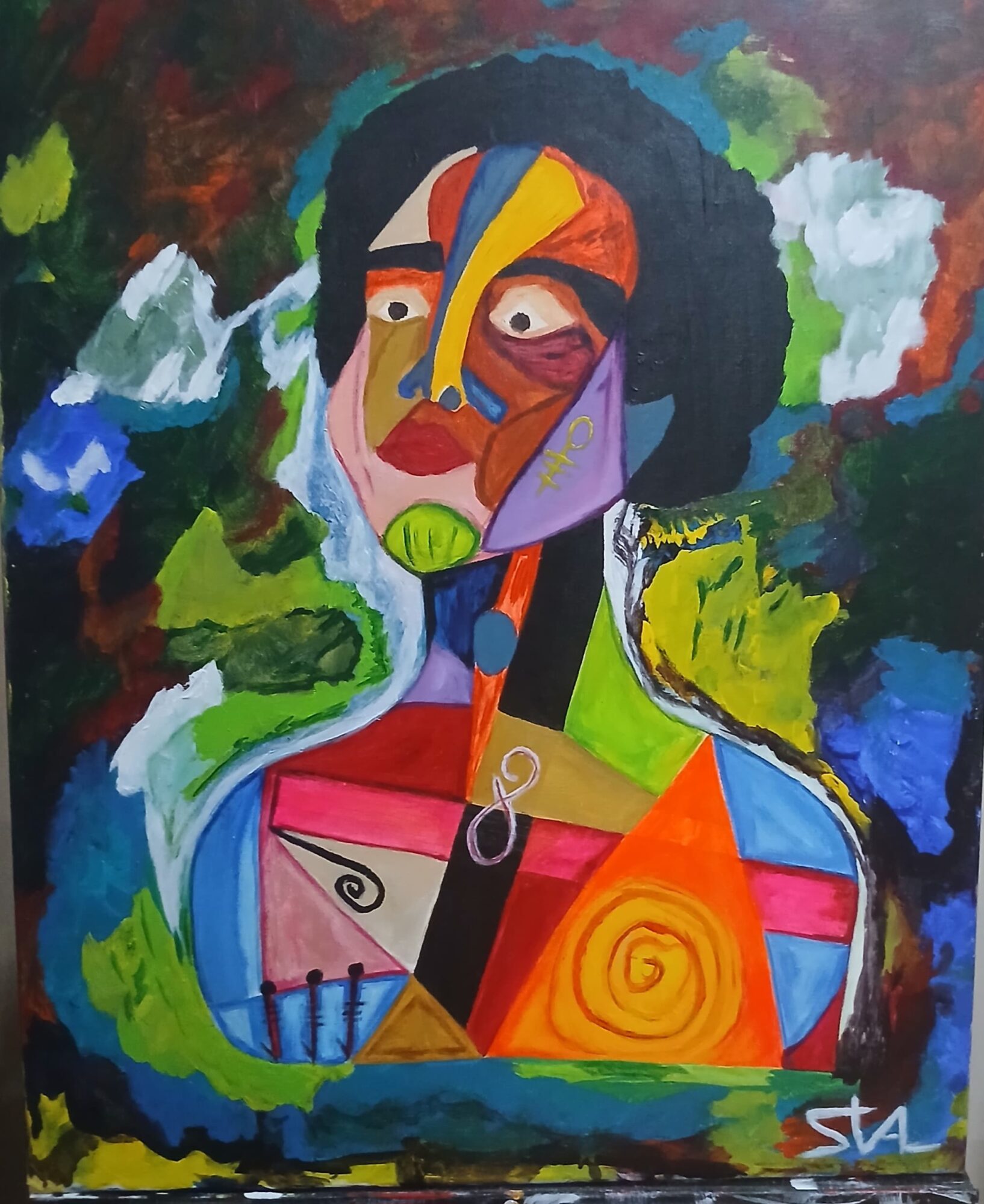 Abstract colorful portrait of a person with curly hair, surrounded by vibrant shapes and patterns, in a cubist style.