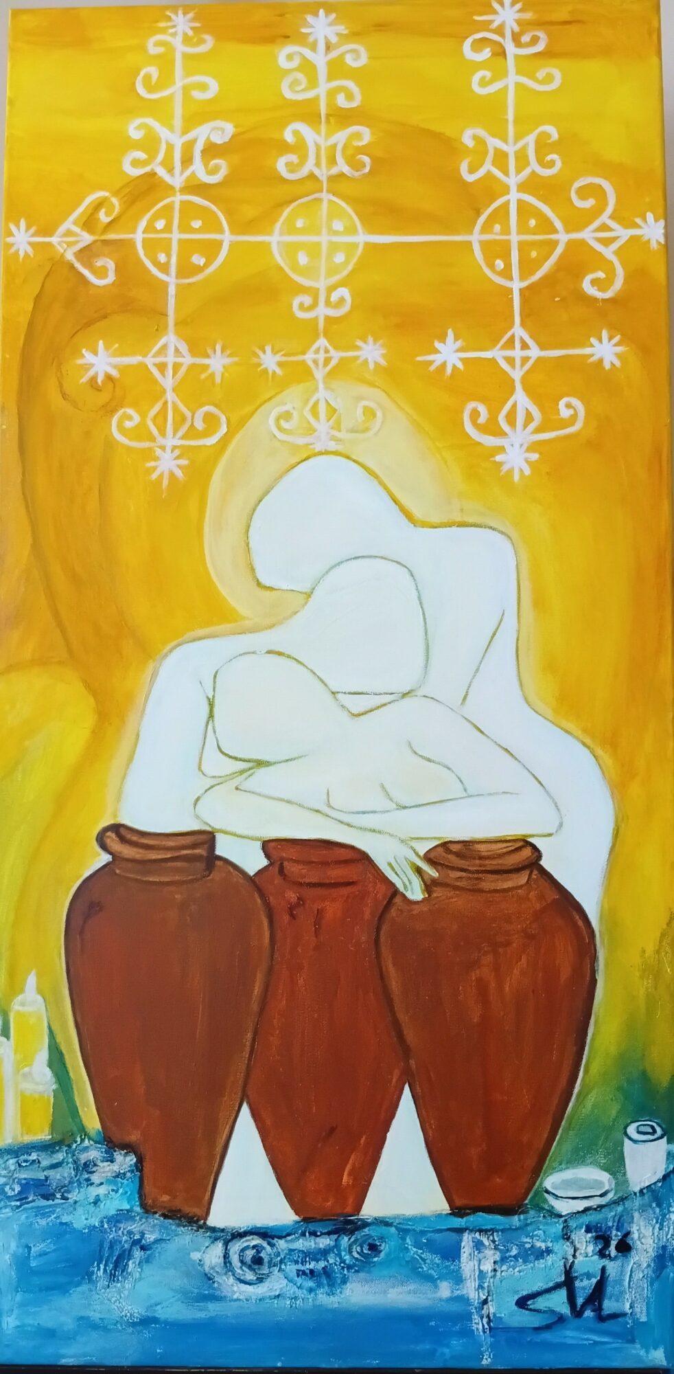 Person sitting on three large jars with a yellow background and white decorative symbols above, water at the bottom, and a bottle nearby.