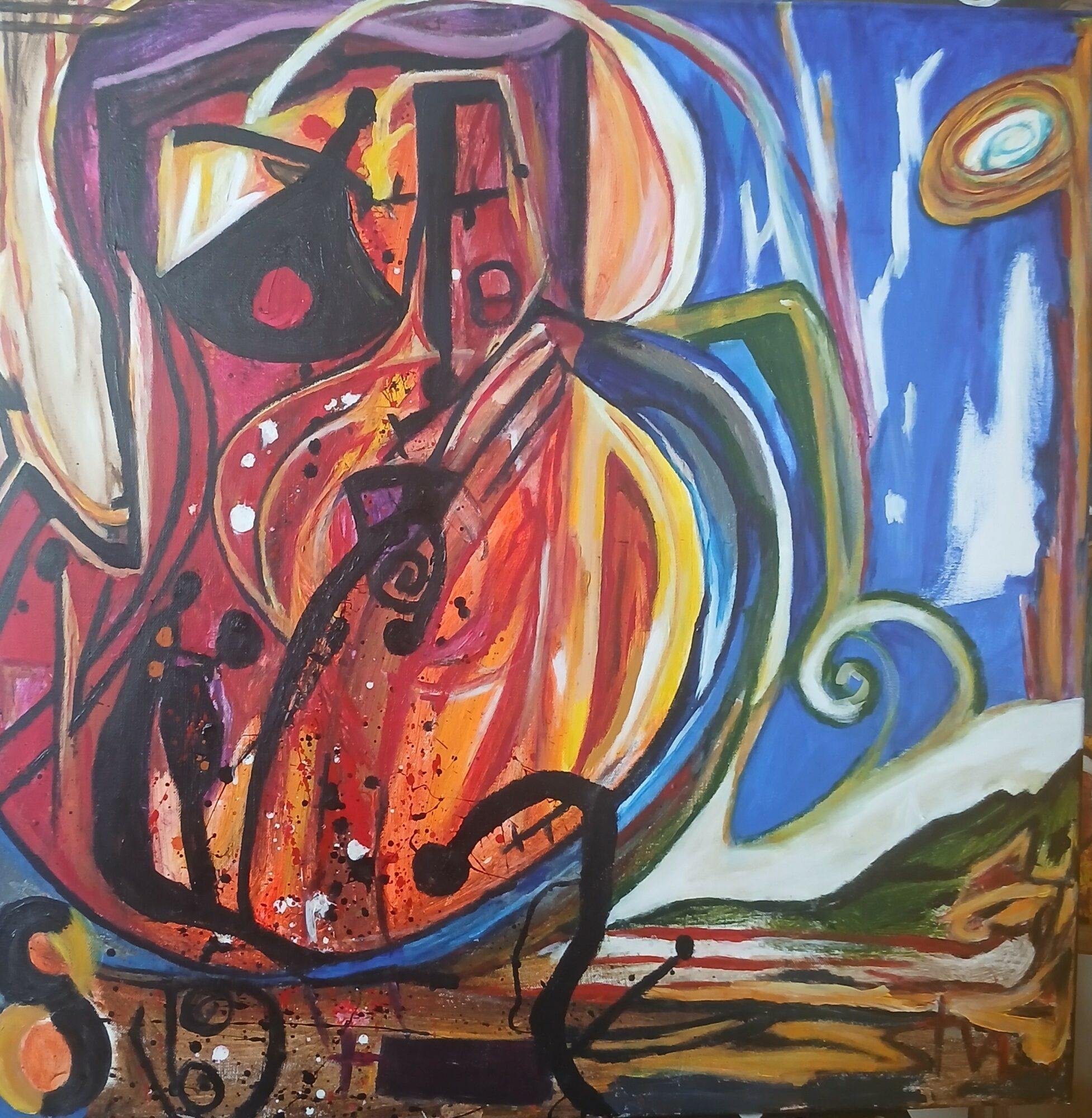 Abstract painting with vibrant colors, shapes, and lines, including a black cat figure and swirling patterns.