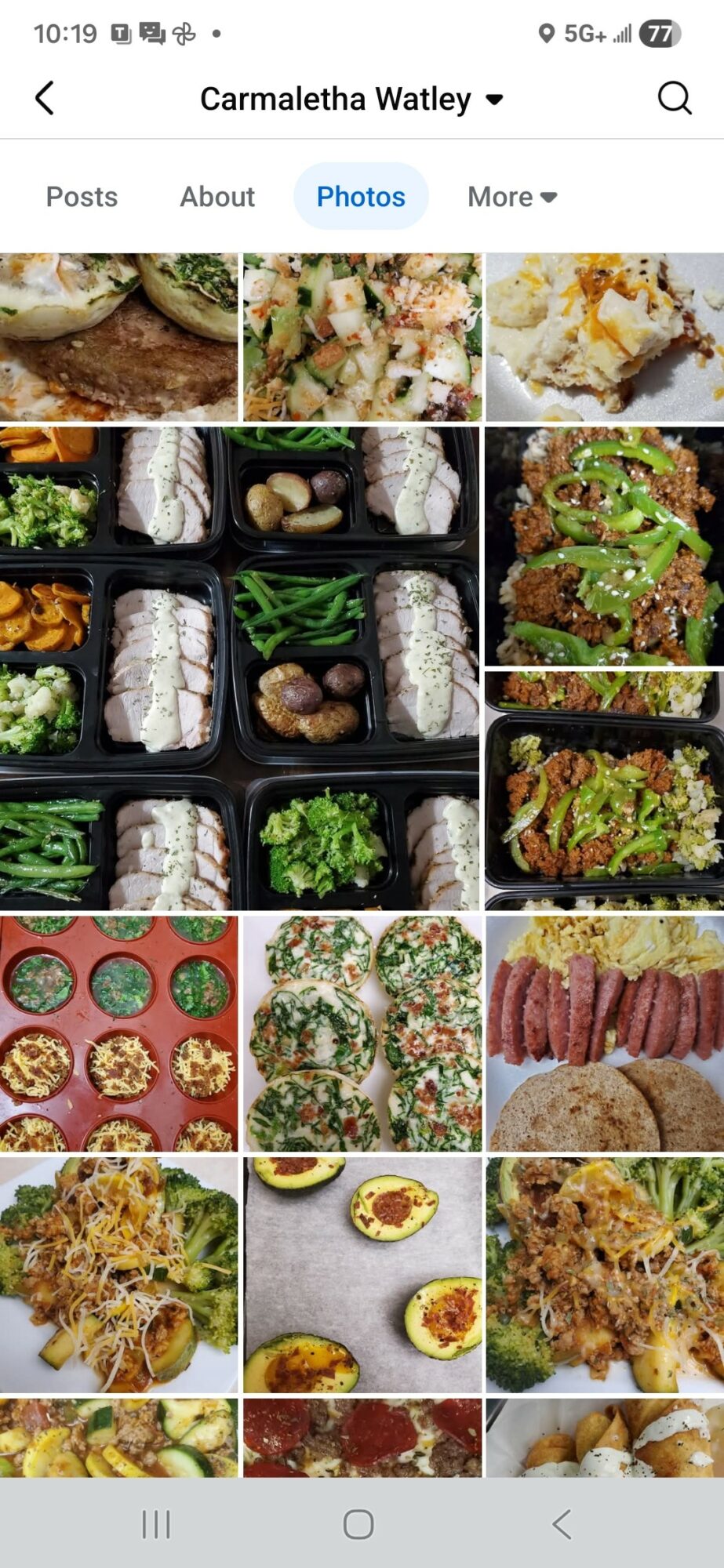 Various dishes including sushi, salads, and desserts arranged on plates and containers, with some food close-up and others in group shots.