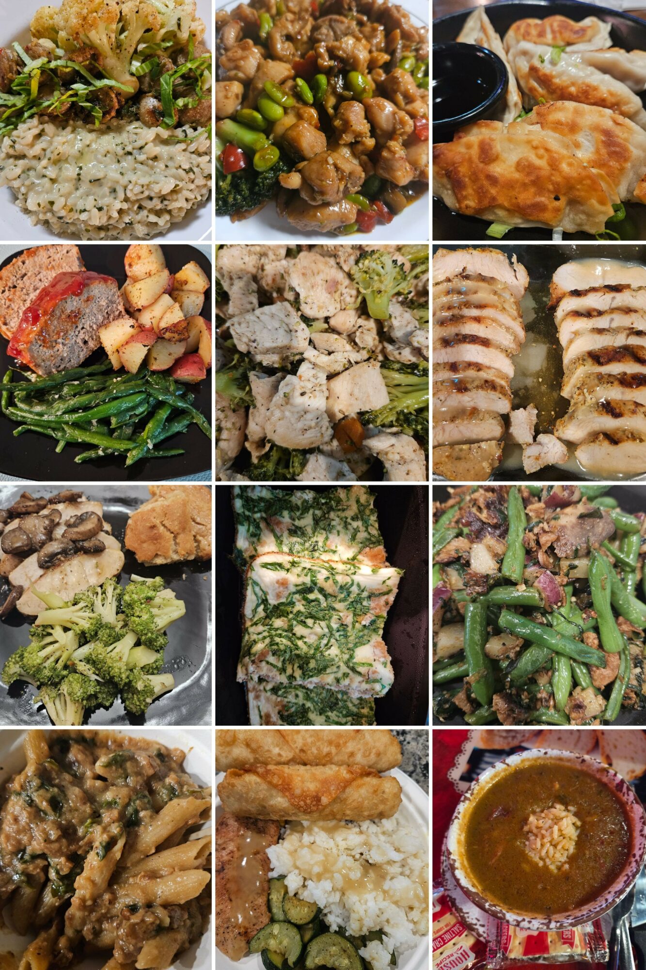 Collage of various dishes including rice, chicken, fried items, vegetables, and sauces, arranged in a grid.