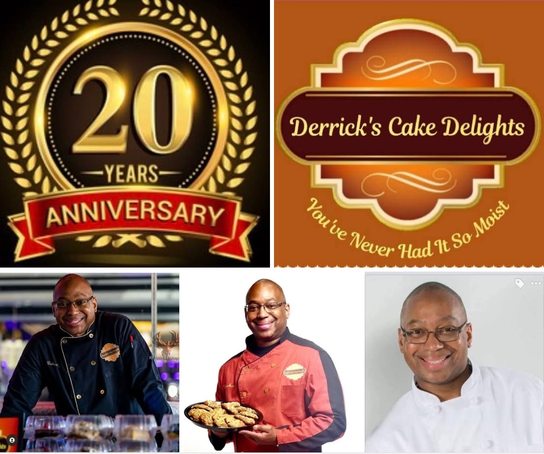 Celebration of 20 years anniversary with logos and three men in chef uniforms, smiling, holding a cake, and in a white chef coat.