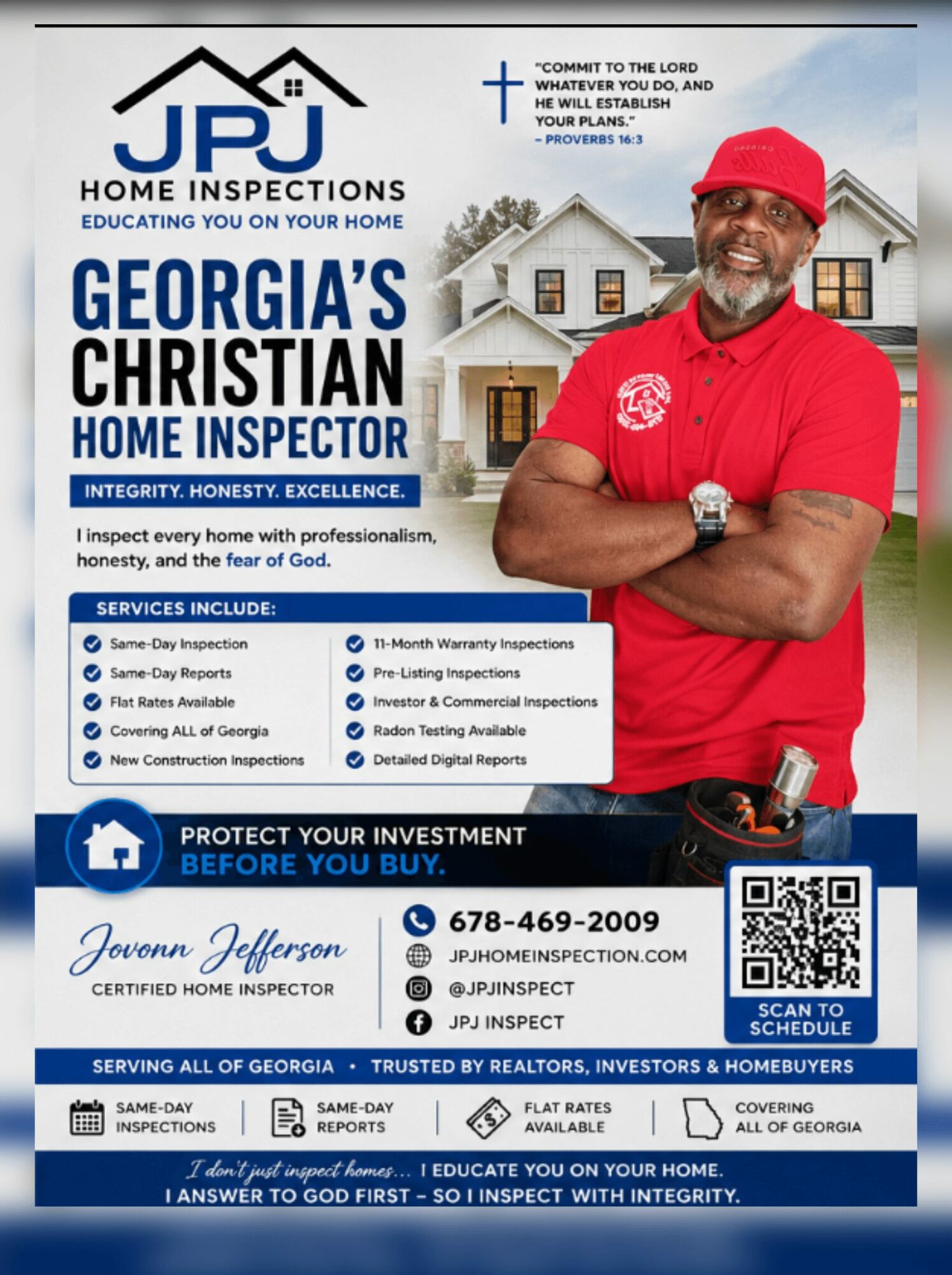 Advertisement for Georgia's Christian home inspector featuring a smiling man in a red shirt and hat, house in background, contact details, and services listed.