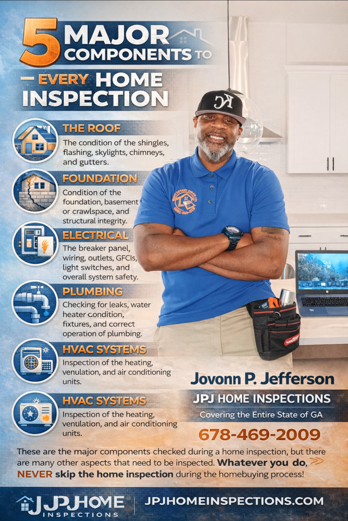 Man wearing a blue shirt and cap smiling with arms crossed, standing in front of a poster about home inspection components.