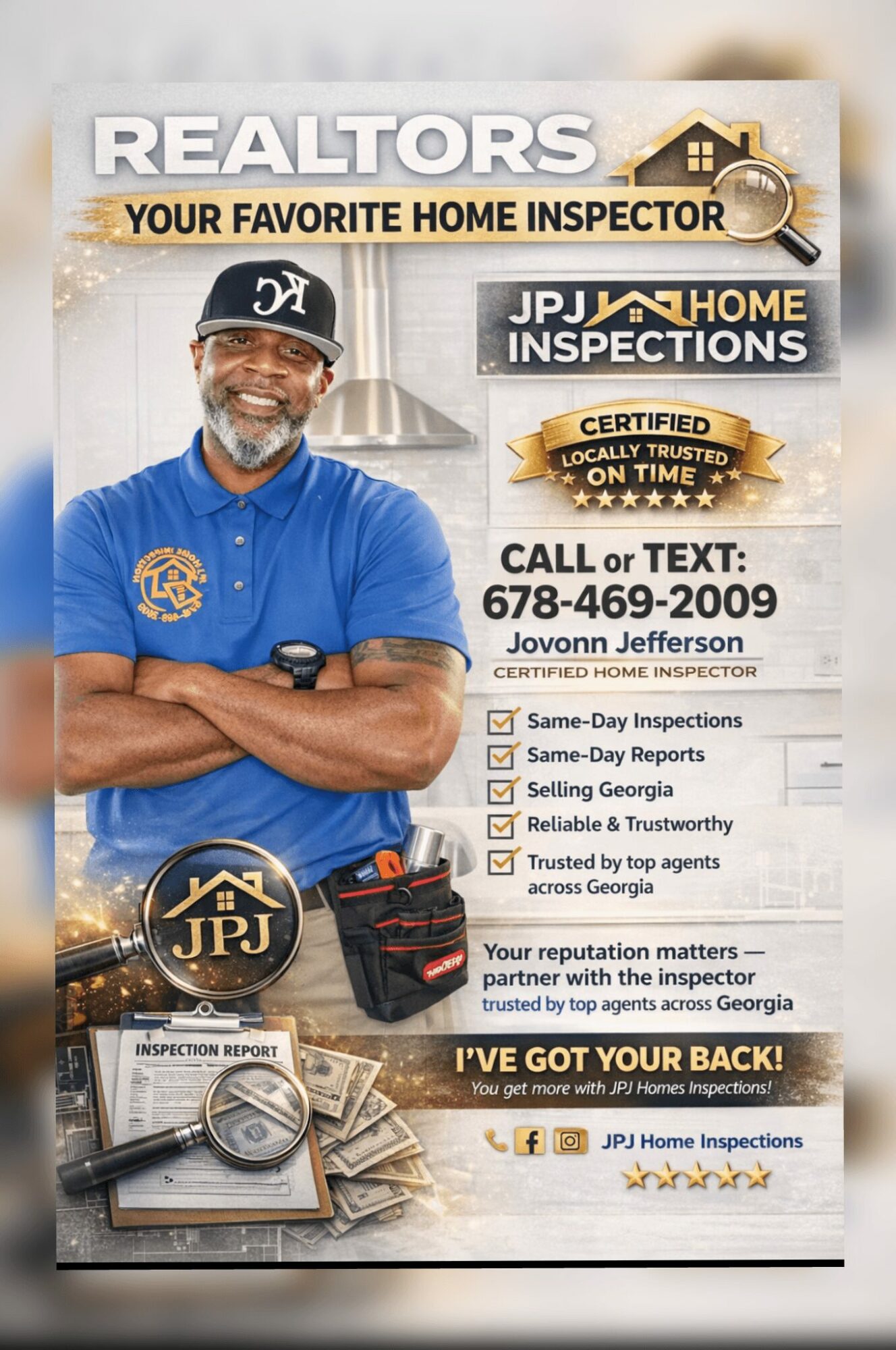 Smiling man in blue uniform with crossed arms, promotional flyer for home inspections, contact info, and certification badges, on a white background.
