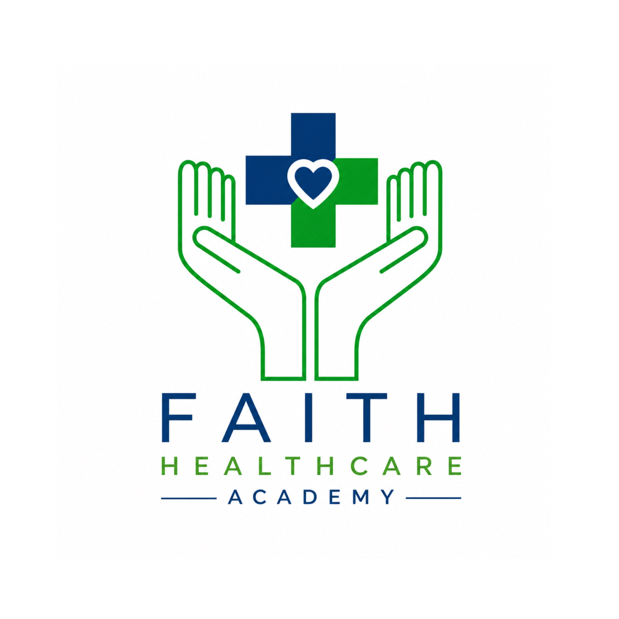 Logo with two green hands holding a blue and green cross with a heart, and text 'FAITH Healthcare Academy'.