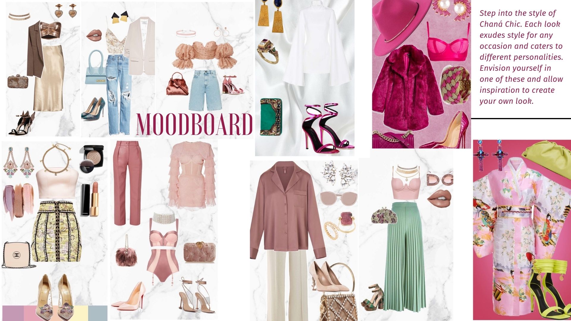 Collage of fashion outfits, accessories, and shoes with pink, white, and pastel colors, labeled 'MOODBOARD'.
