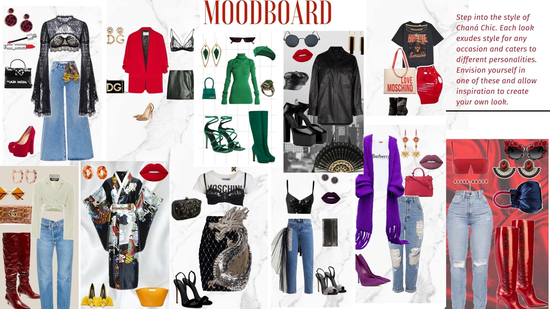 Collage of clothing, accessories, and fashion items including dresses, shoes, bags, and sunglasses.