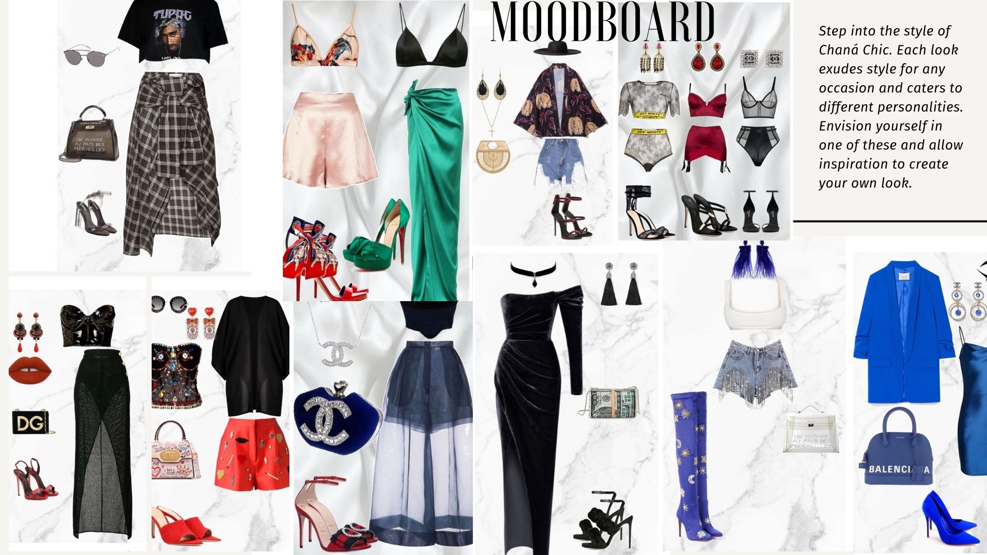Fashion mood board with clothing, shoes, and accessories arranged in a collage, including dresses, skirts, tops, and footwear.