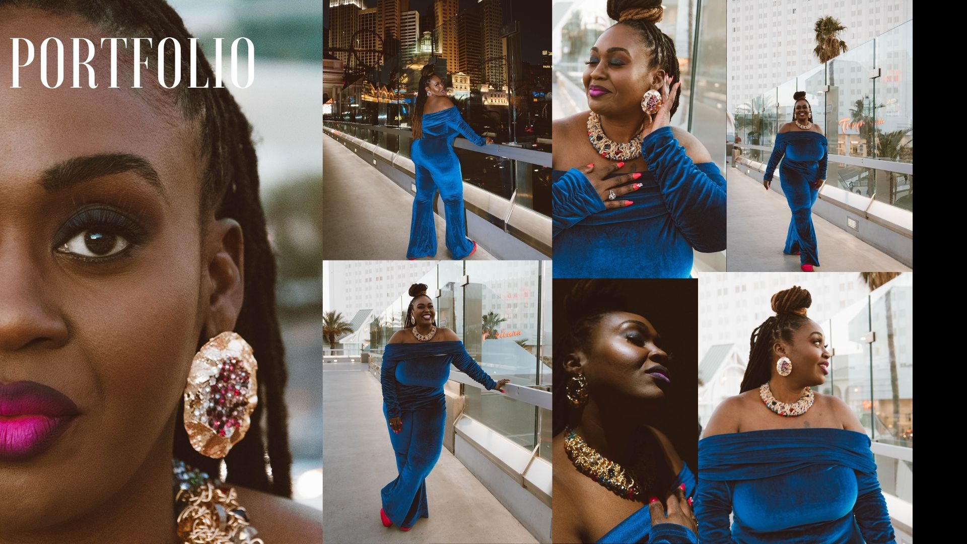 Collage of women in blue outfits, close-up of face with pink lipstick, and cityscape backgrounds.