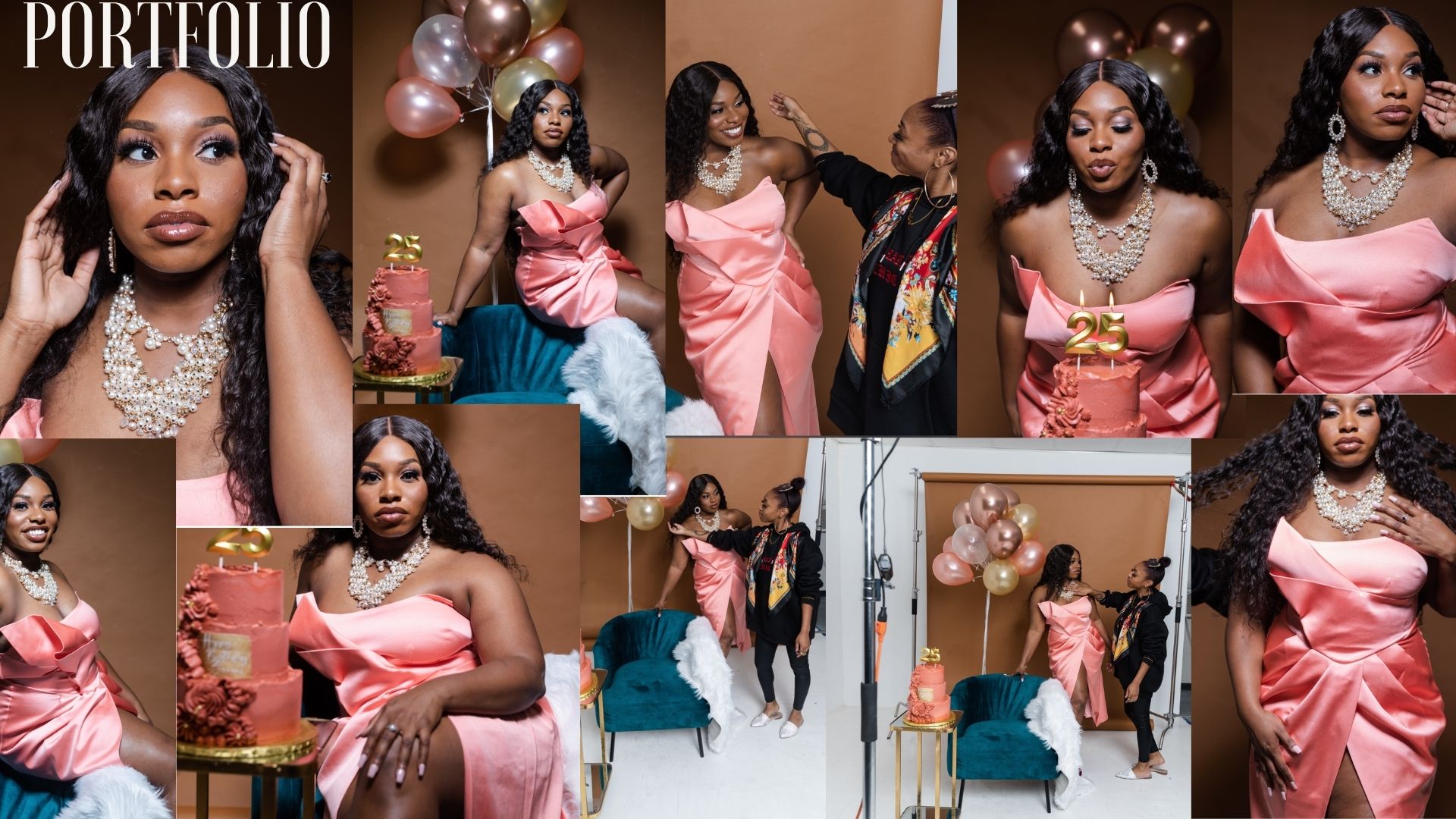 Group of women in pink dresses at a celebration with balloons and decorations, posing and socializing indoors.