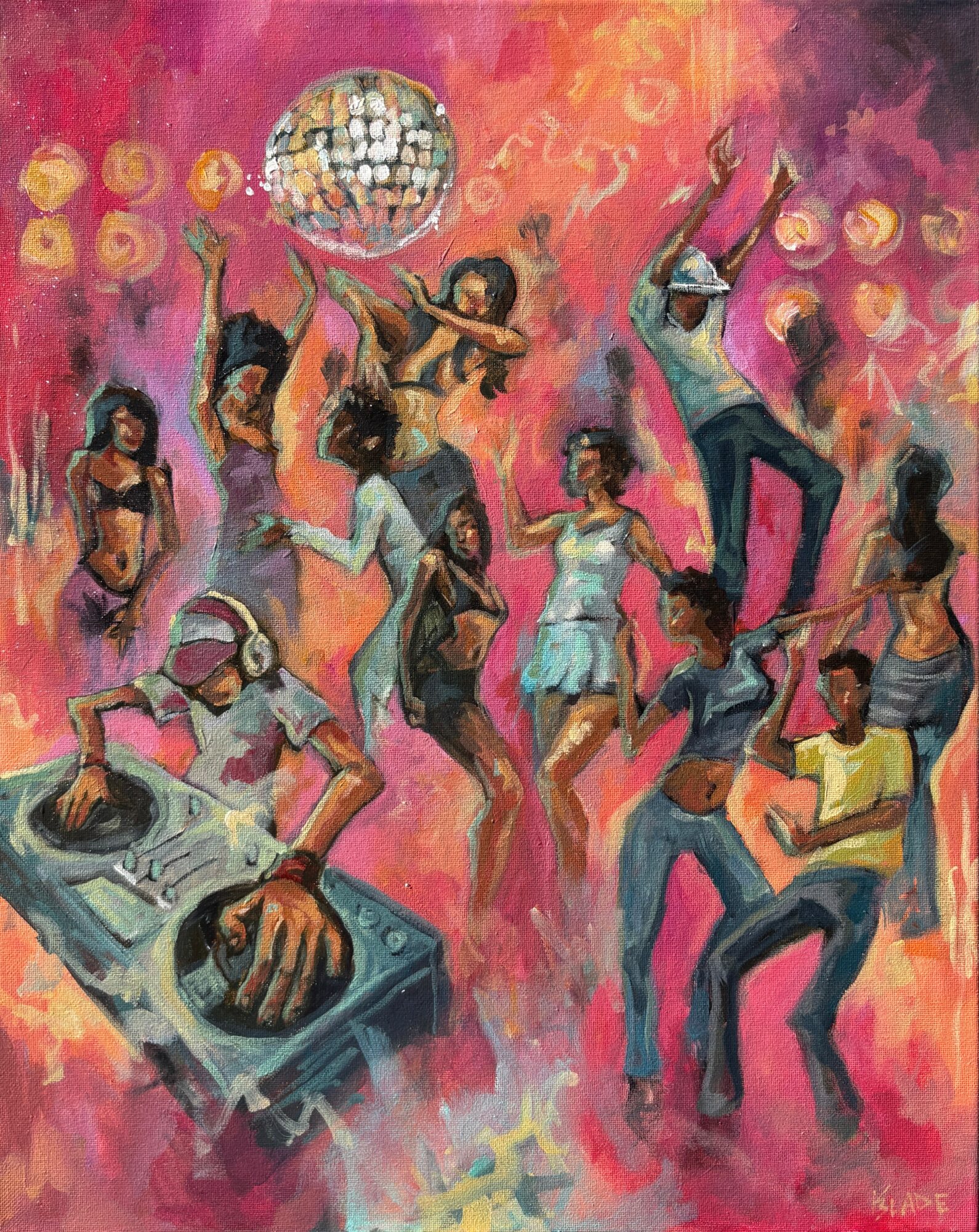People dancing and DJ playing music in a colorful party scene with a disco ball overhead.