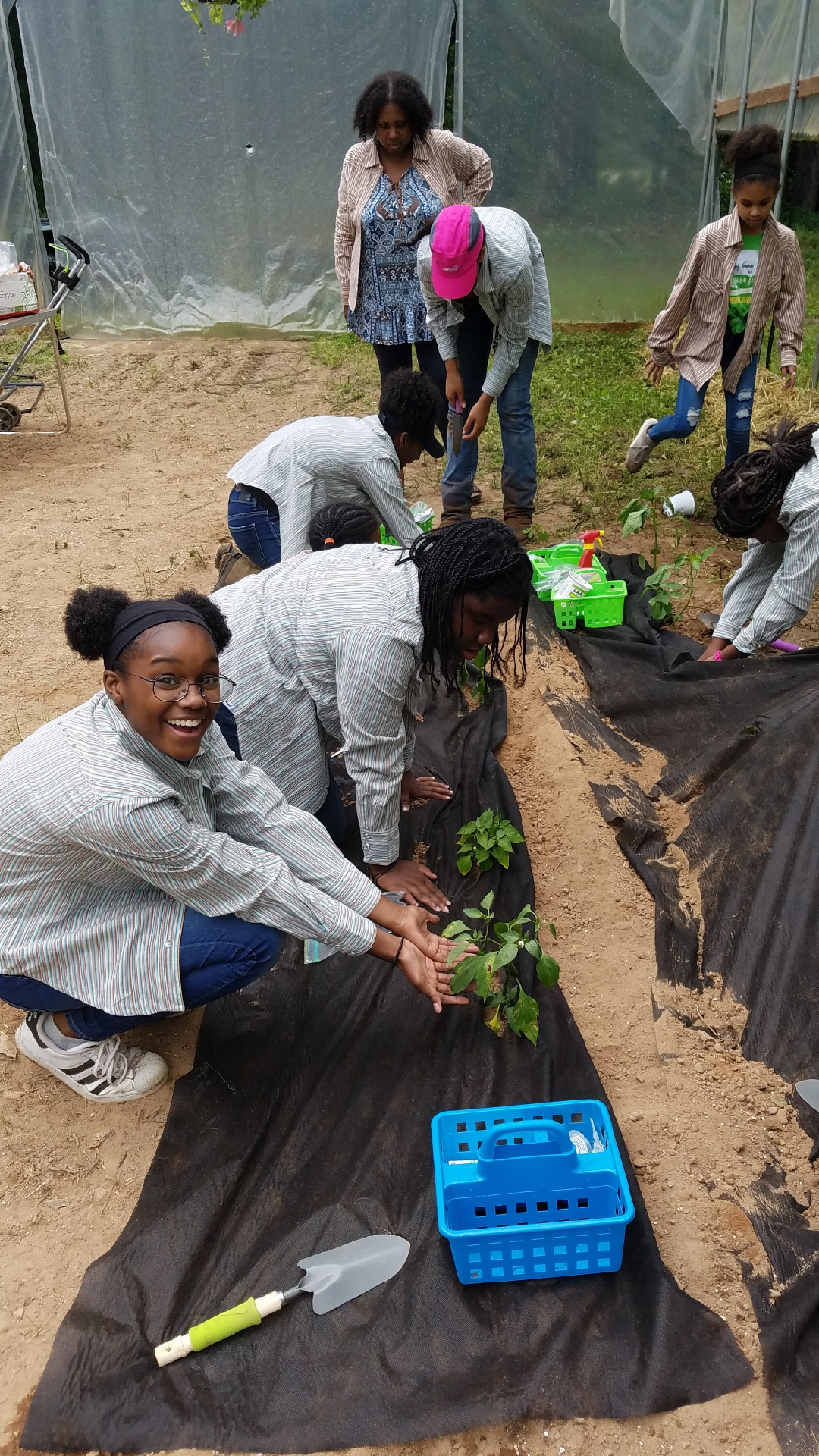 Group of children planting seedlings on black fabric in a garden, smiling and working together outdoors.