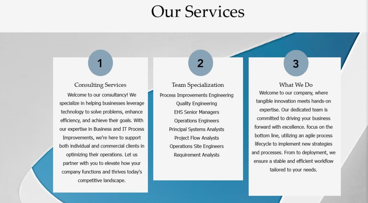 Three numbered sections titled 'Our Services' with icons and descriptions about consulting, team specialization, and work processes.