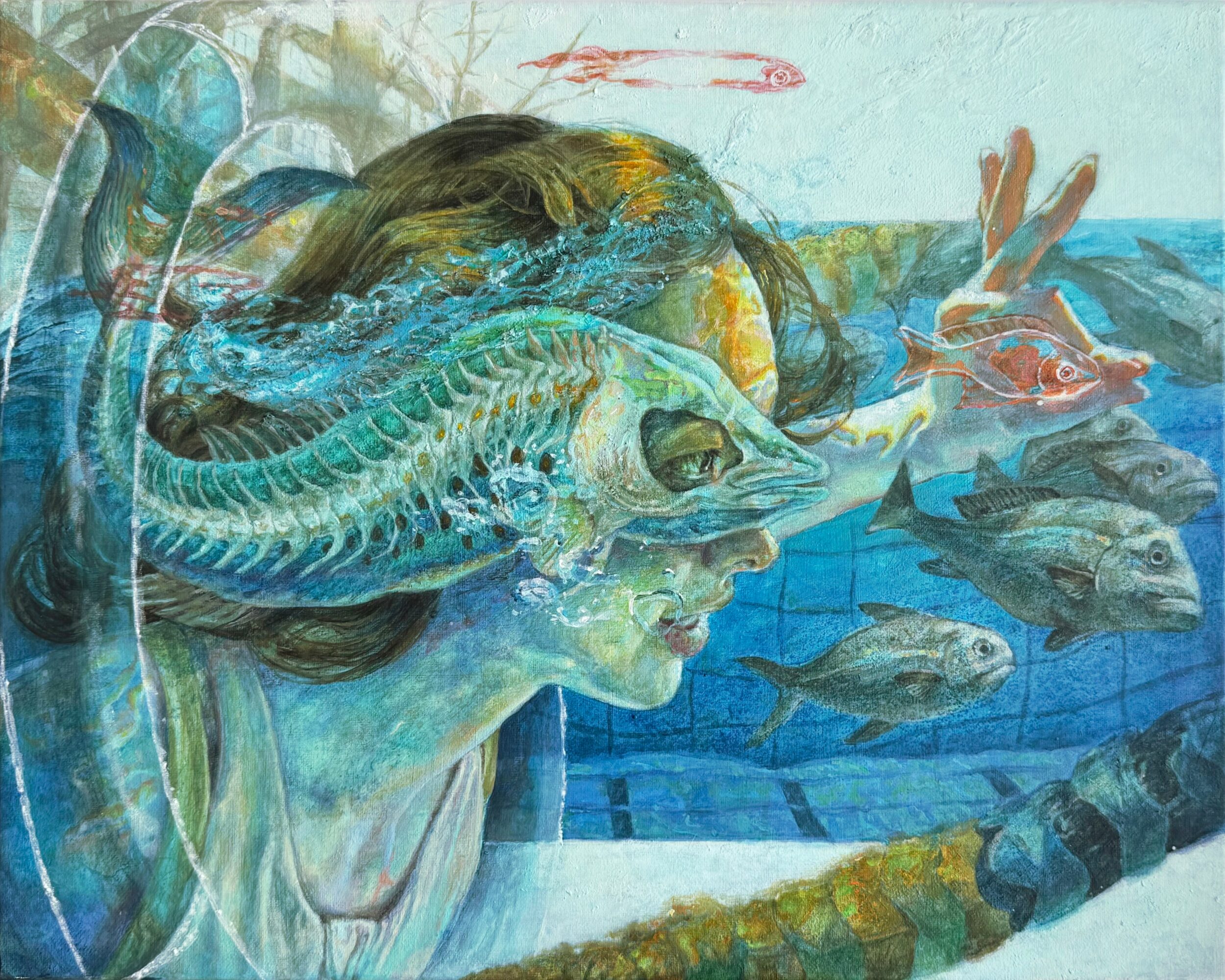 A person with long hair underwater surrounded by various fish and aquatic creatures, blending human and marine life elements.