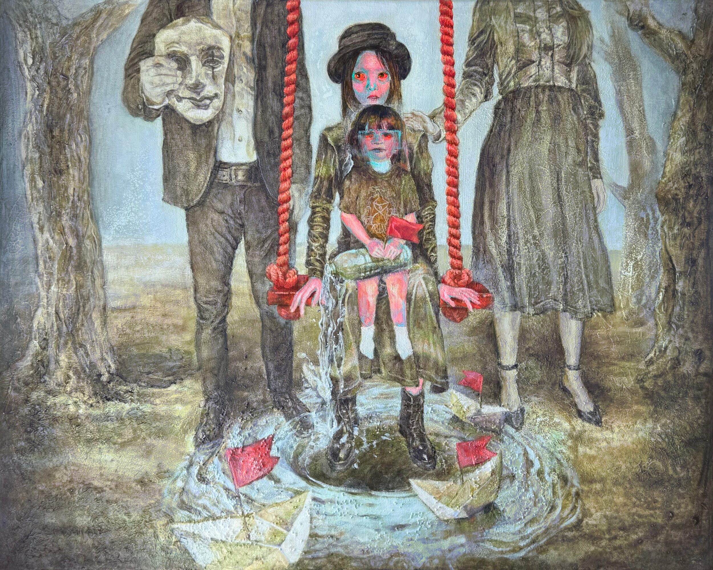 Children on a swing in a forest, with adults nearby, painted in a surreal style, with muted colors and expressive faces.