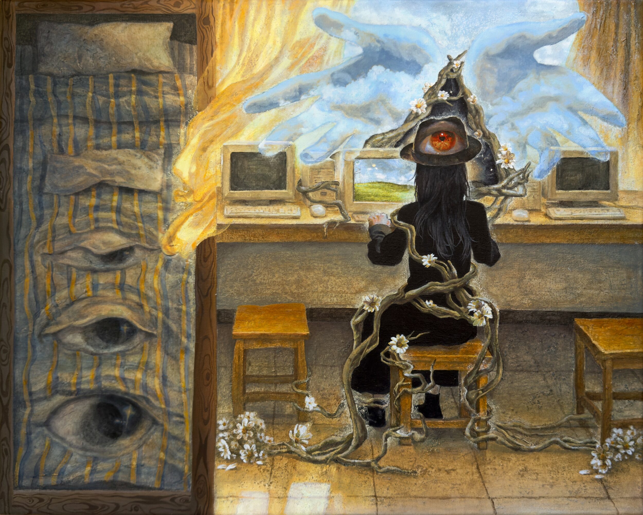 A surreal scene with a person wearing a hat, sitting at a desk with two computers, and a large eye on the wall. Clouds and flames are visible outside the window.
