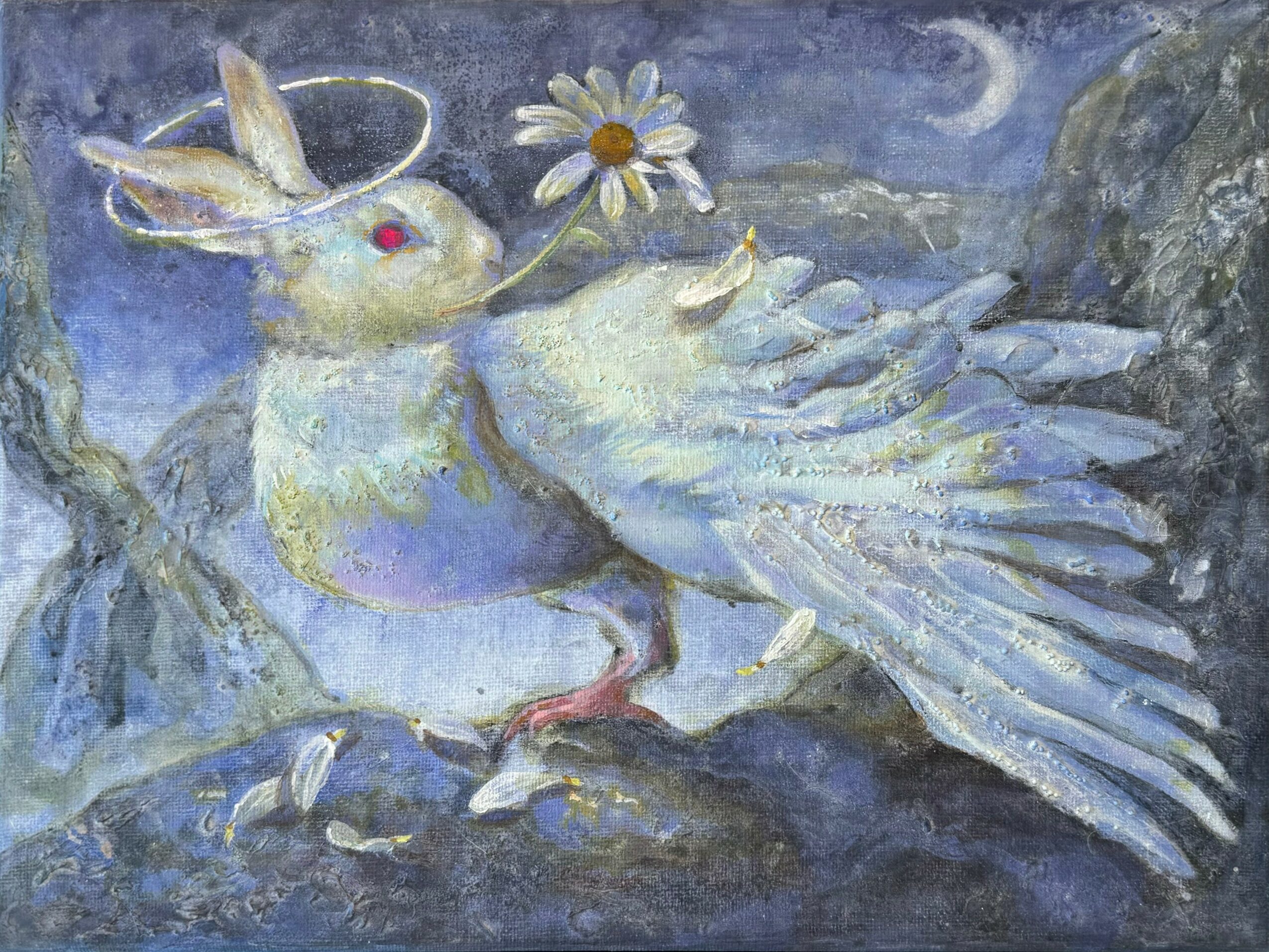 A painting of a rabbit with a daisy in its mouth, lying on a rock with a moonlit sky in the background.