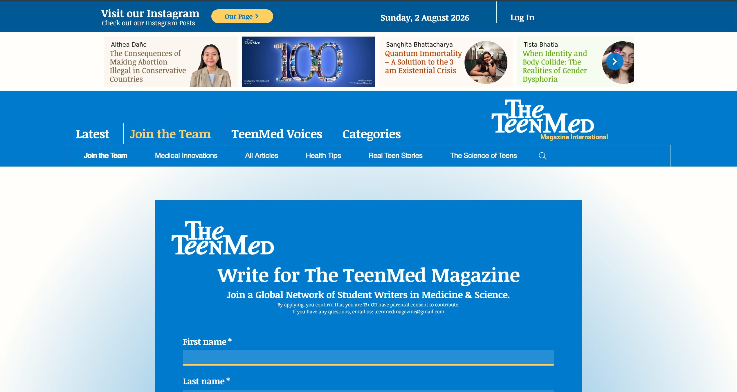 Screenshot of The TeenMed Magazine webpage with blue header and navigation menu, featuring a call to action to write for the magazine.