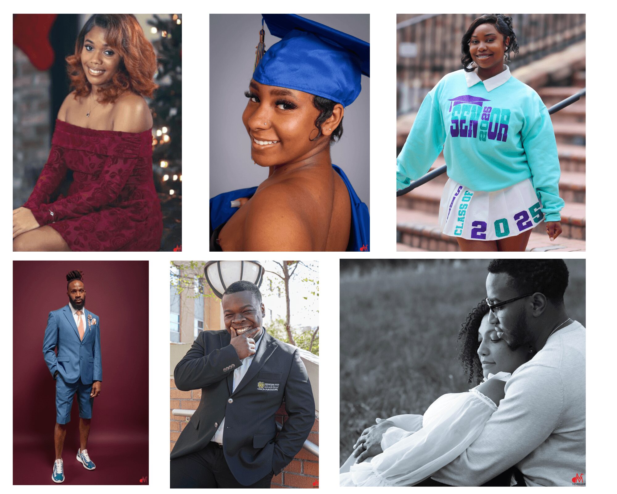 Six people, some smiling, in various outfits including graduation cap and gown, casual, and formal attire.
