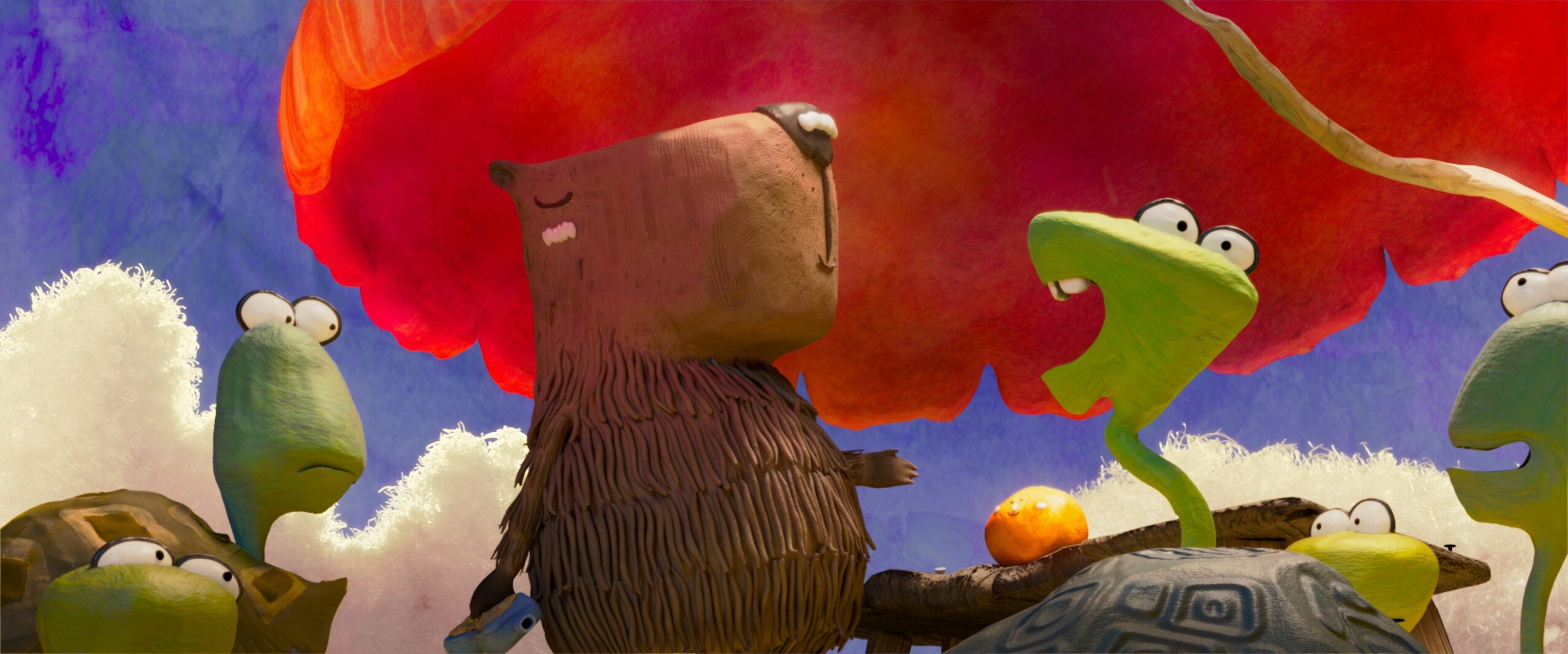 Animated bear with a red background, surrounded by cartoon animals including a frog and a snail, with clouds and trees.