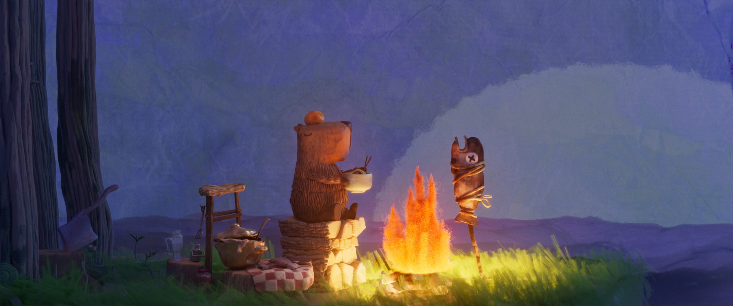 Animated scene with two bears near a campfire, one standing and the other sitting, in a forest setting.