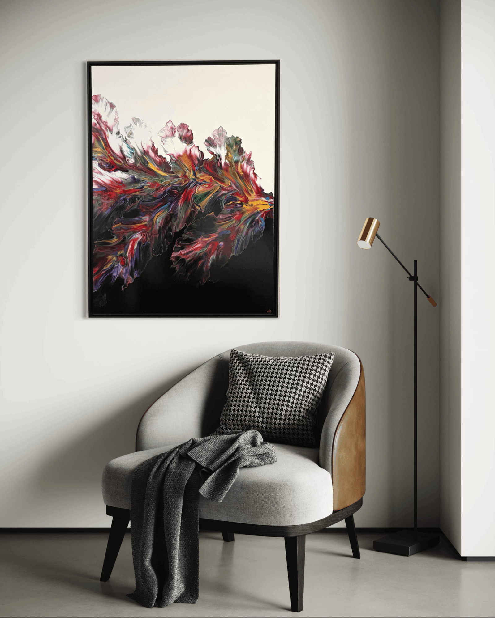 Modern armchair with a checkered pillow and a gray blanket, next to a tall floor lamp, in a room with a colorful abstract painting on the wall.