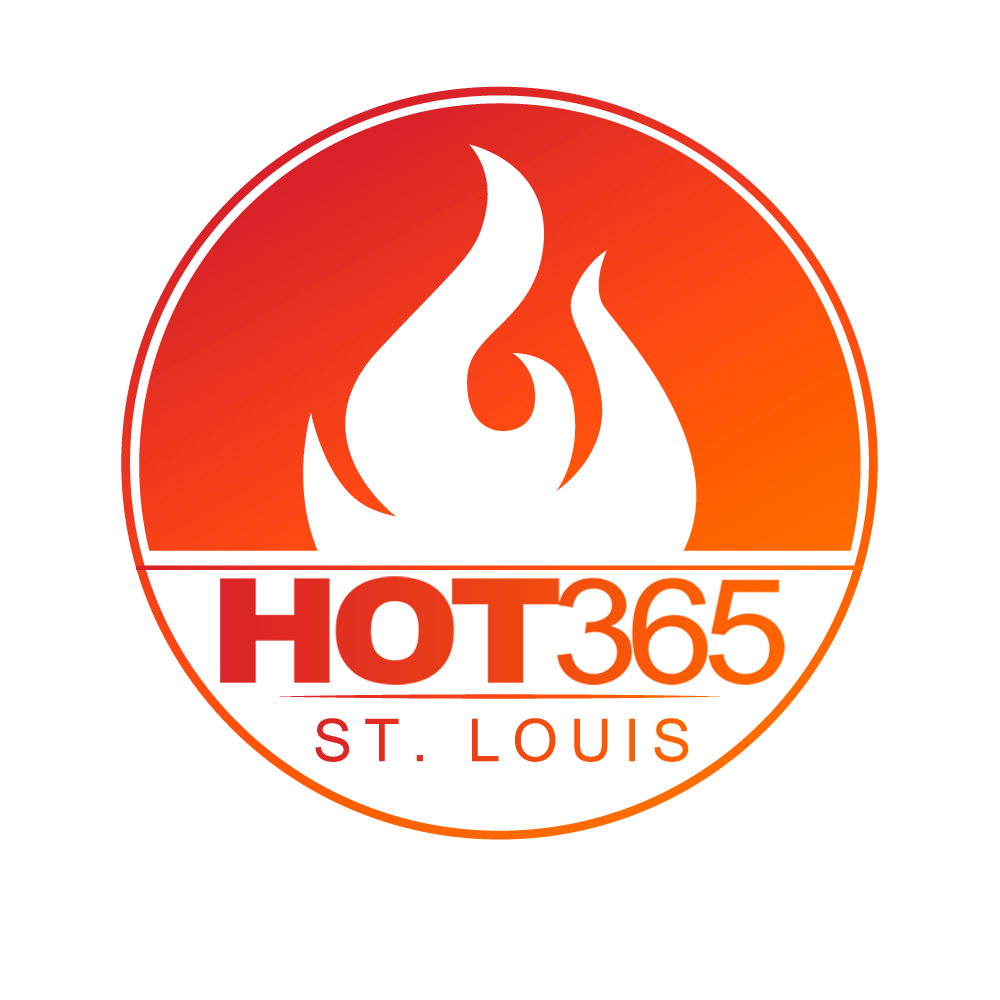 Logo with a flame, text 'HOT 365' and 'ST. LOUIS' on a circular background, red and black colors.