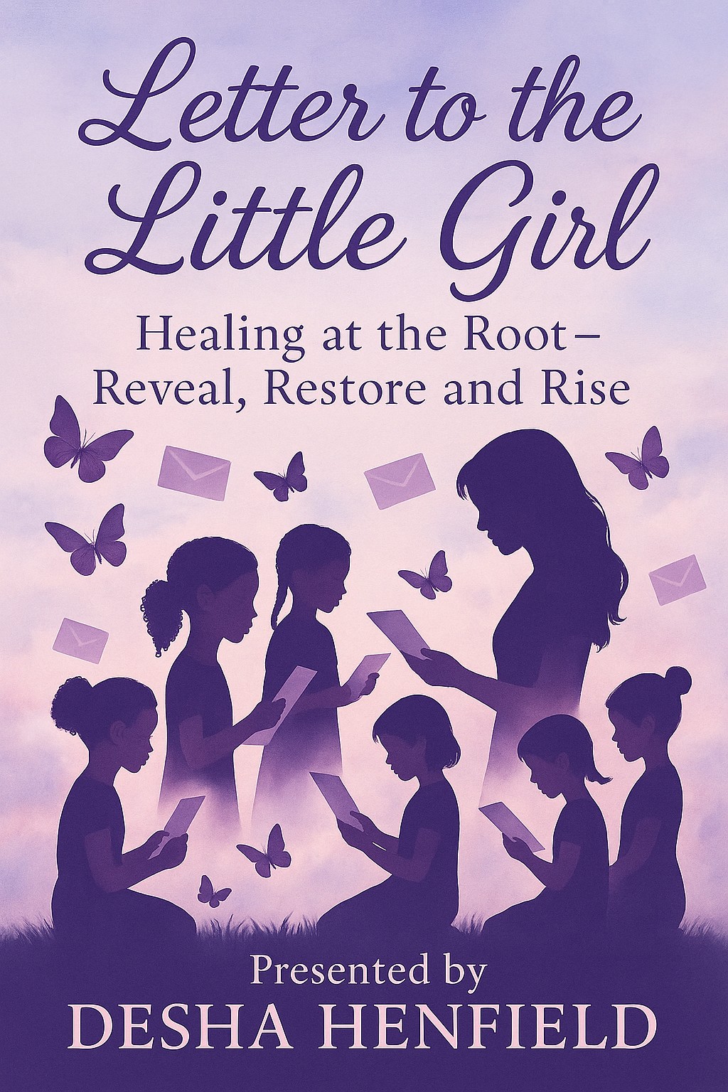Silhouettes of a woman and five girls reading, surrounded by butterflies and envelopes, with text about healing and restoring.
