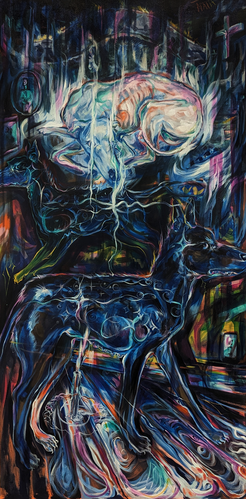 Abstract painting with a central figure resembling a horse, surrounded by vibrant, swirling colors and dynamic lines.