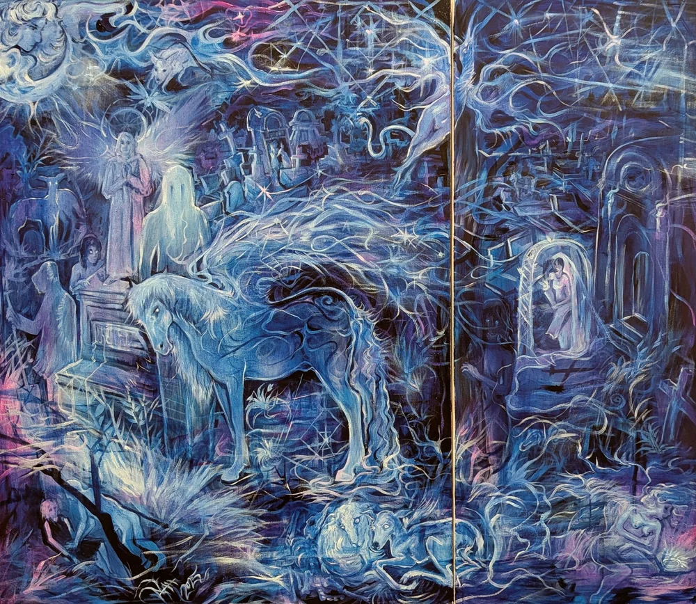 A mystical scene with a large wolf, ghostly figures, and swirling blue and purple energy, resembling a fantasy or dreamscape.