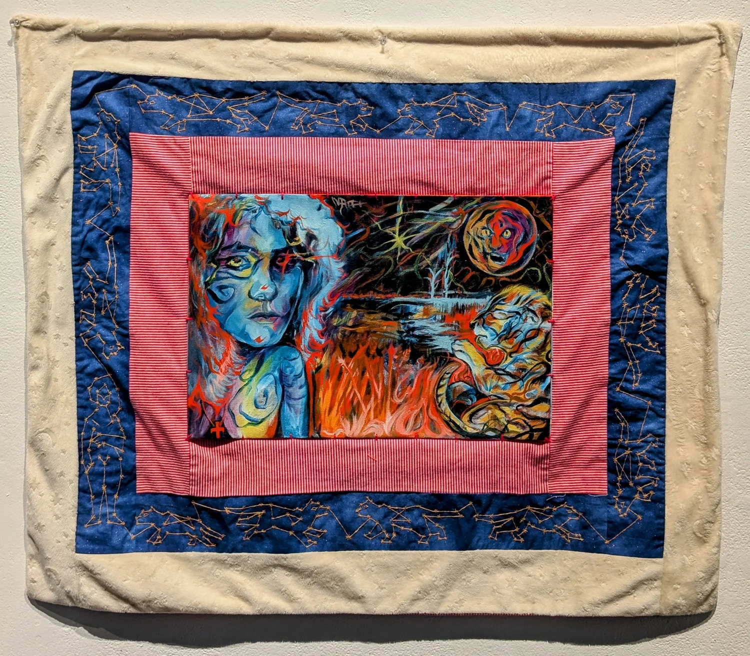Colorful painting of a woman with blue face, surrounded by flames and abstract elements, framed by pink and blue borders.