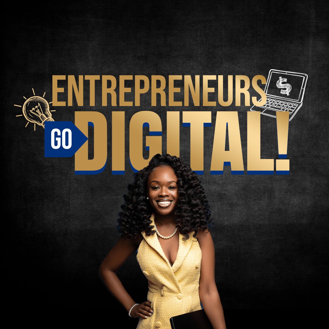 Smiling woman in yellow dress standing in front of a black background with digital entrepreneurship text and icons.