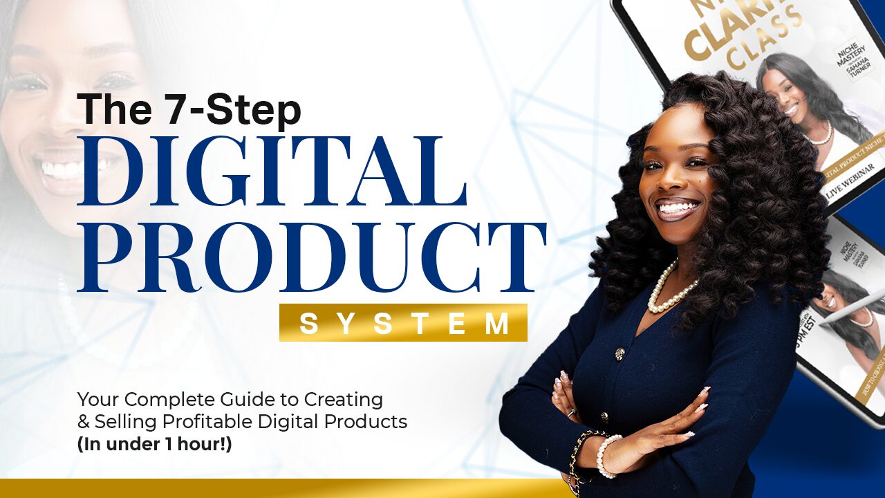 Smiling woman with curly hair in front of a digital product system presentation, text about creating profitable digital products.