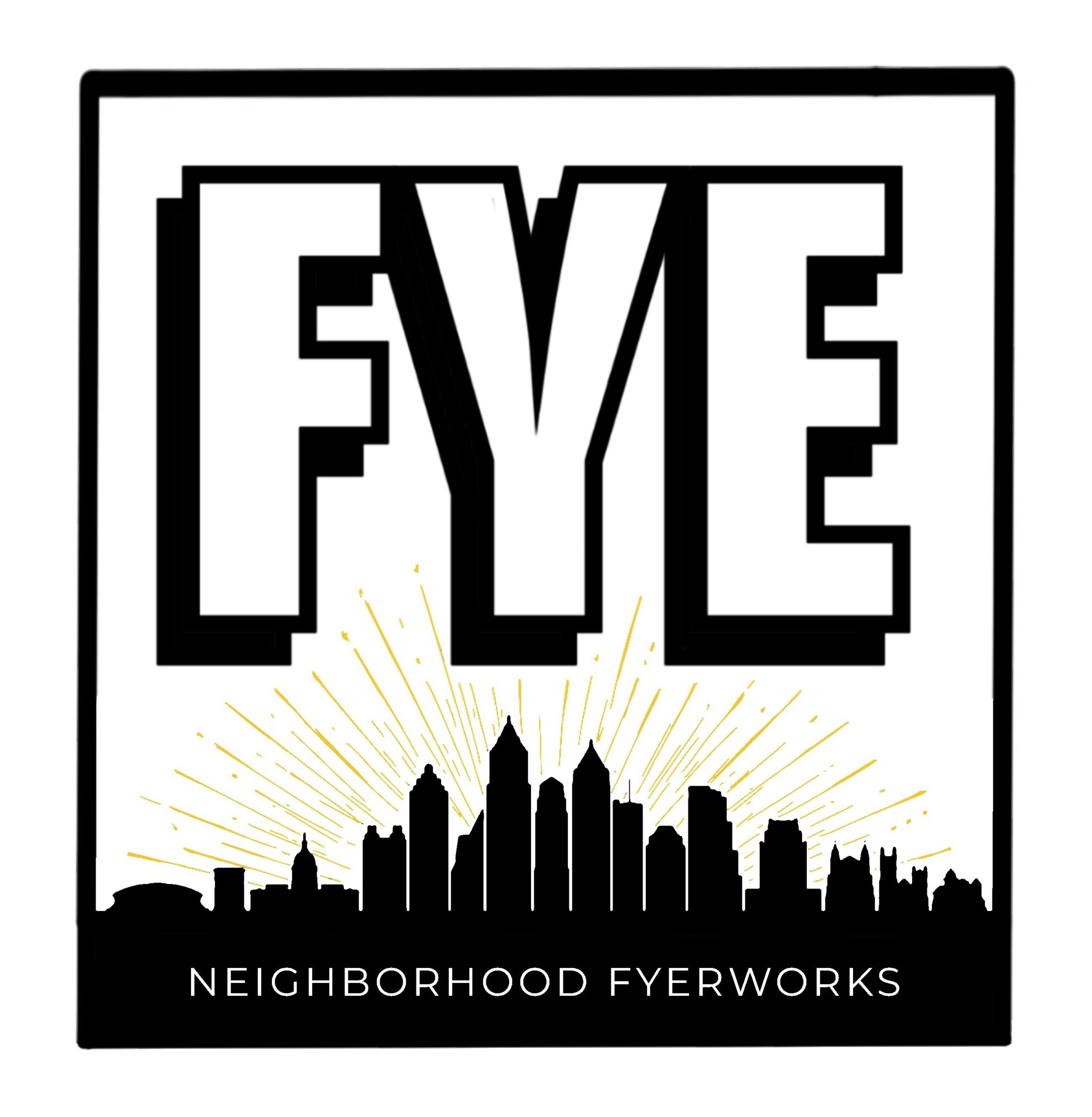 Logo with bold letters 'FYE' above a city skyline, with 'Neighborhood Fyerworks' below, in black and white.