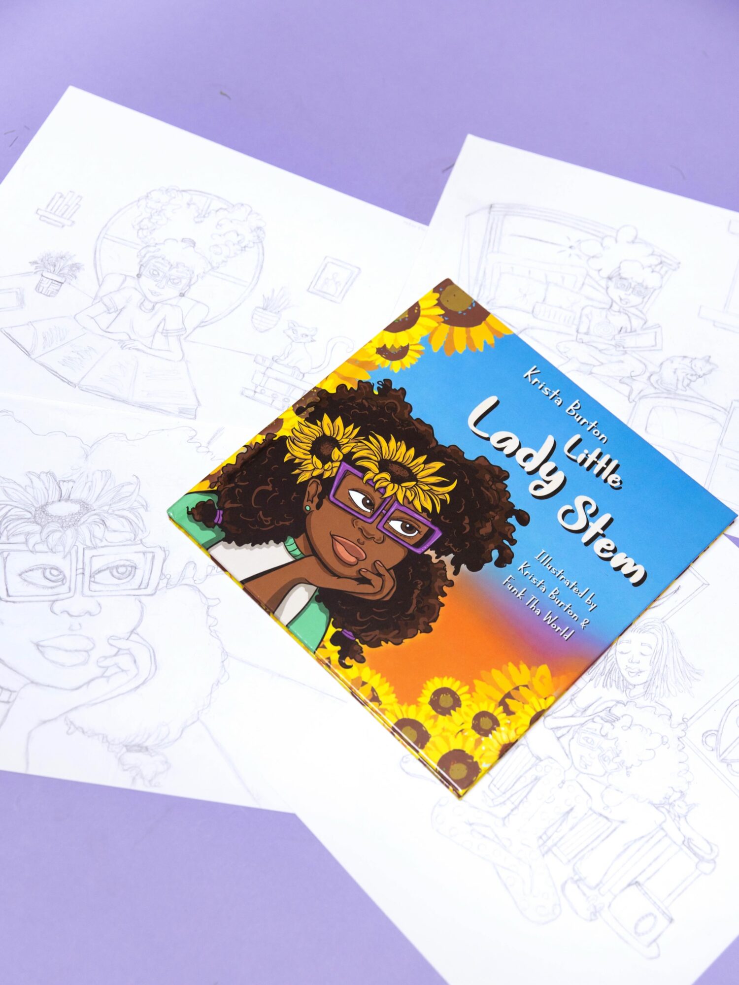 Colorful book titled 'Little Lady STEM' with a girl wearing glasses and a sunflower headband, surrounded by sunflowers.